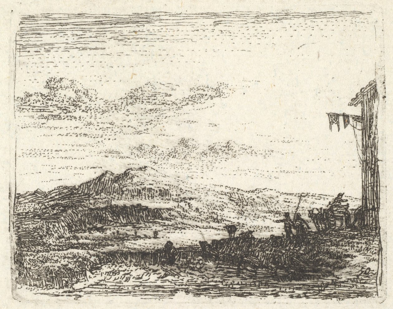 Paysage avec coin de bâtiment et auvent à l