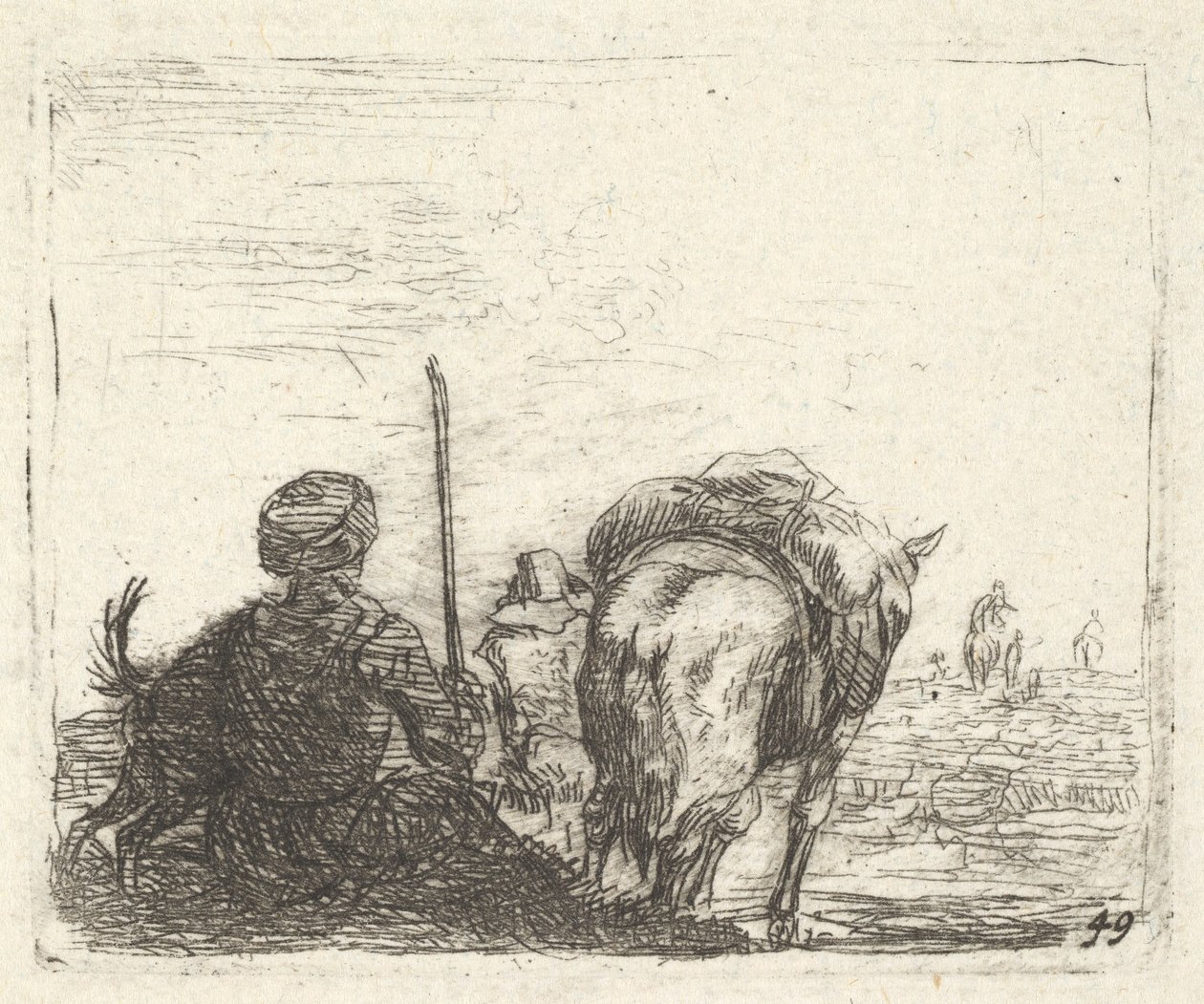 Cheval de bât, homme assis avec un bâton dans la main droite, et chien, tous vus de dos..., vers 1641-78 - Karel Du Jardin