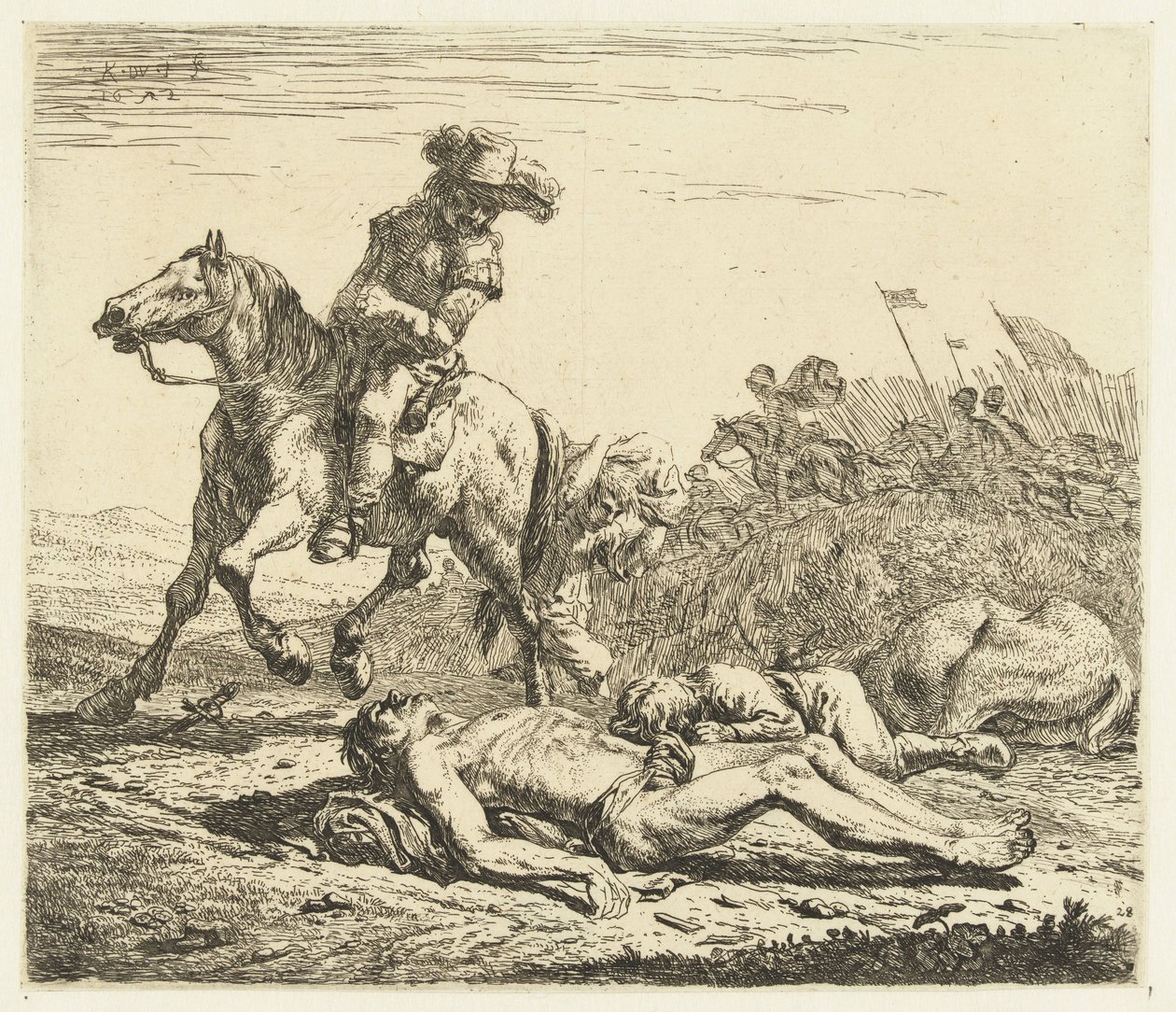 Champ de bataille avec soldat à cheval et deux morts - Karel Du Jardin