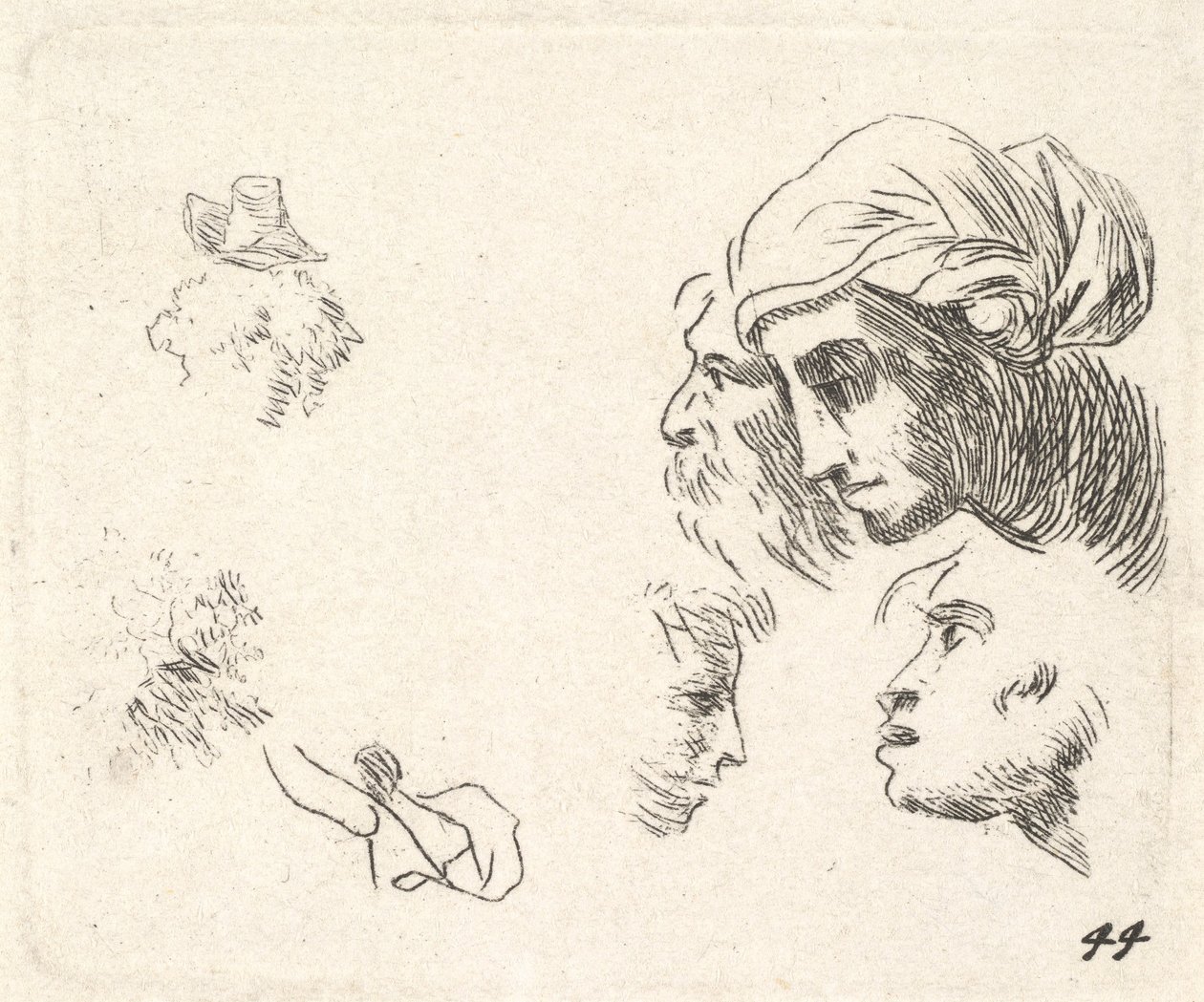 Étude de têtes en vue de profil, une femme avec un foulard et un homme barbu, vers 1641-78 - Karel Du Jardin