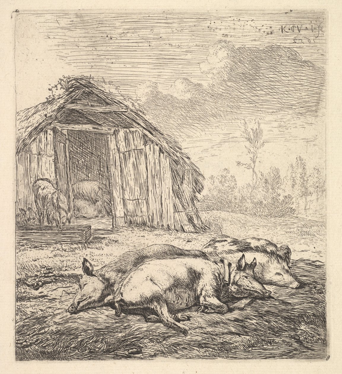 Trois cochons couchés sur le côté, une porcherie et une auge au-delà, 1652 - Karel Du Jardin