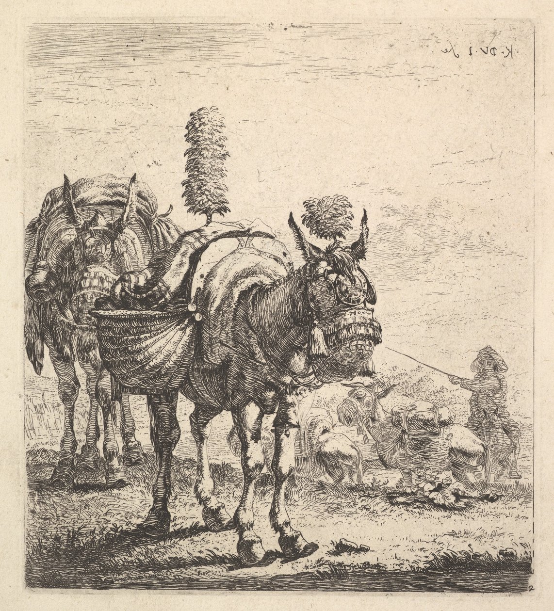 Deux Mules portant des Paniers et Équipées de Œillères, Plumes et Glands - Karel Du Jardin