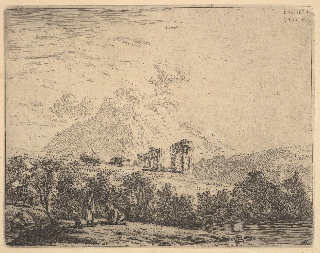 Vue de la colline avec des ruines, un aqueduc et un éperon rocheux au-delà, au premier plan un m..., 1658 - Karel Du Jardin