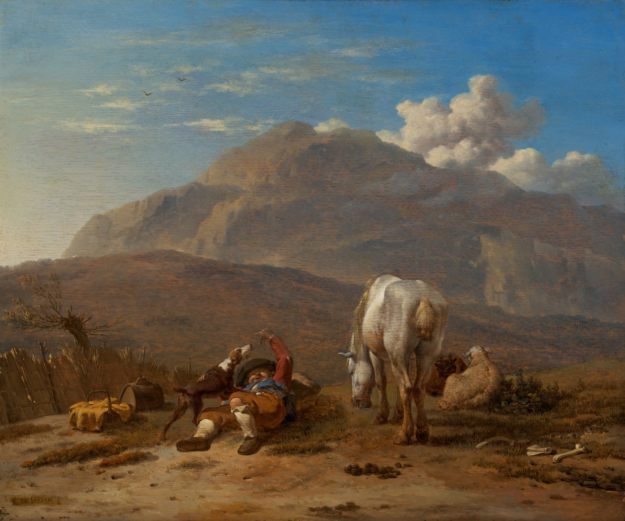 Paysage italien avec un jeune berger jouant avec son chien - Karel Dujardin