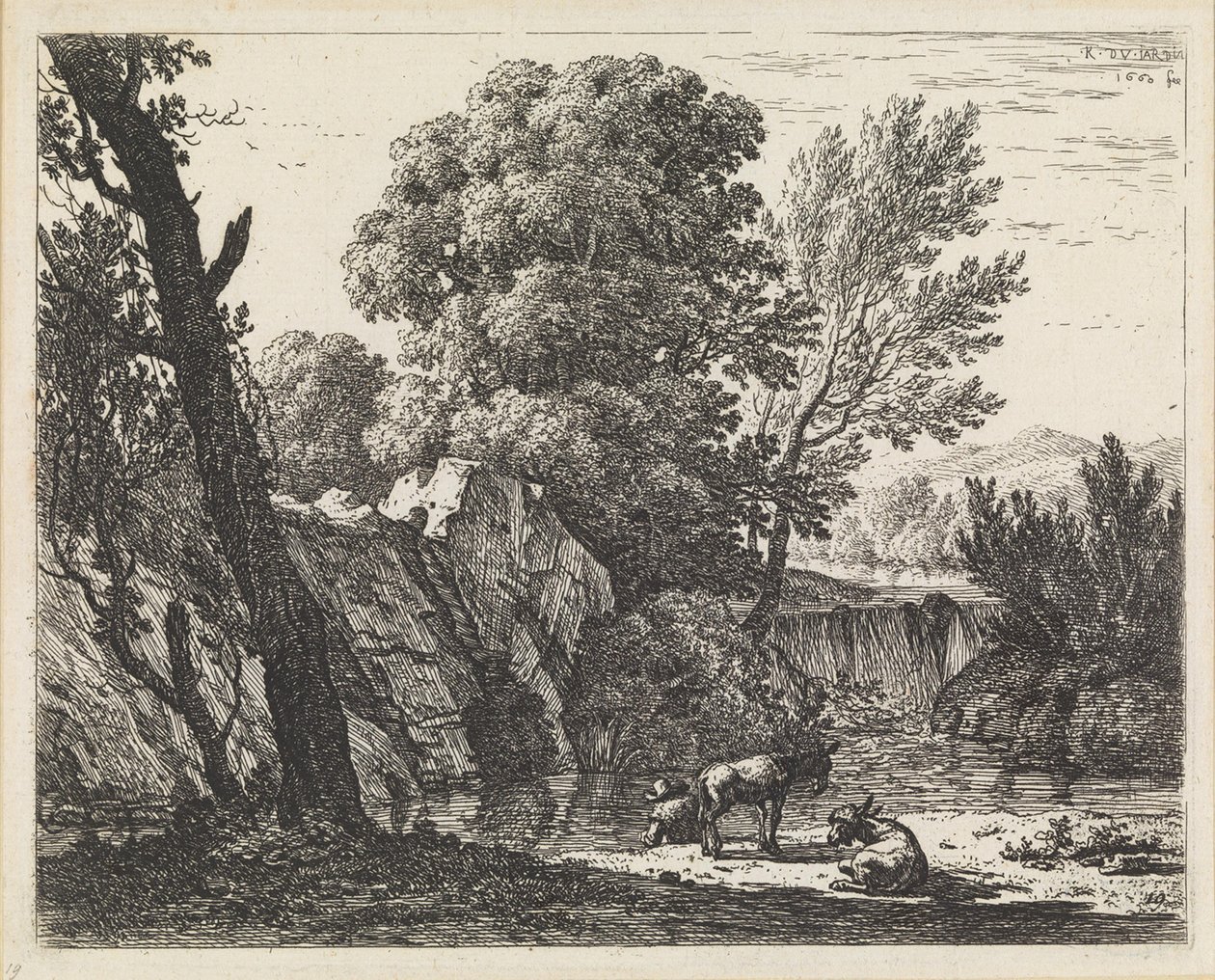 Paysage avec un homme et deux ânes - Karel Dujardin