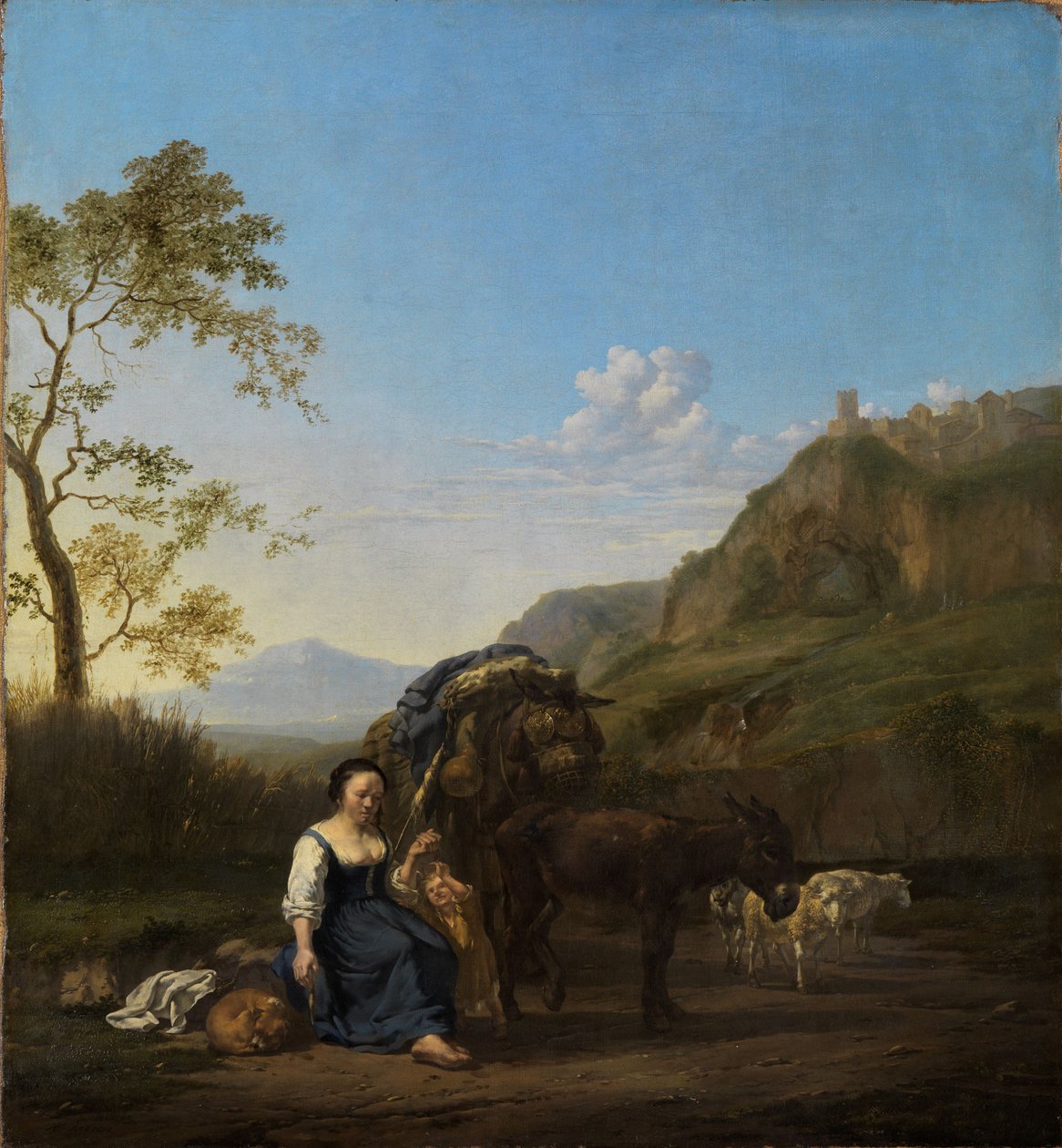 Paysanne filant dans un paysage montagneux italien - Karel Dujardin