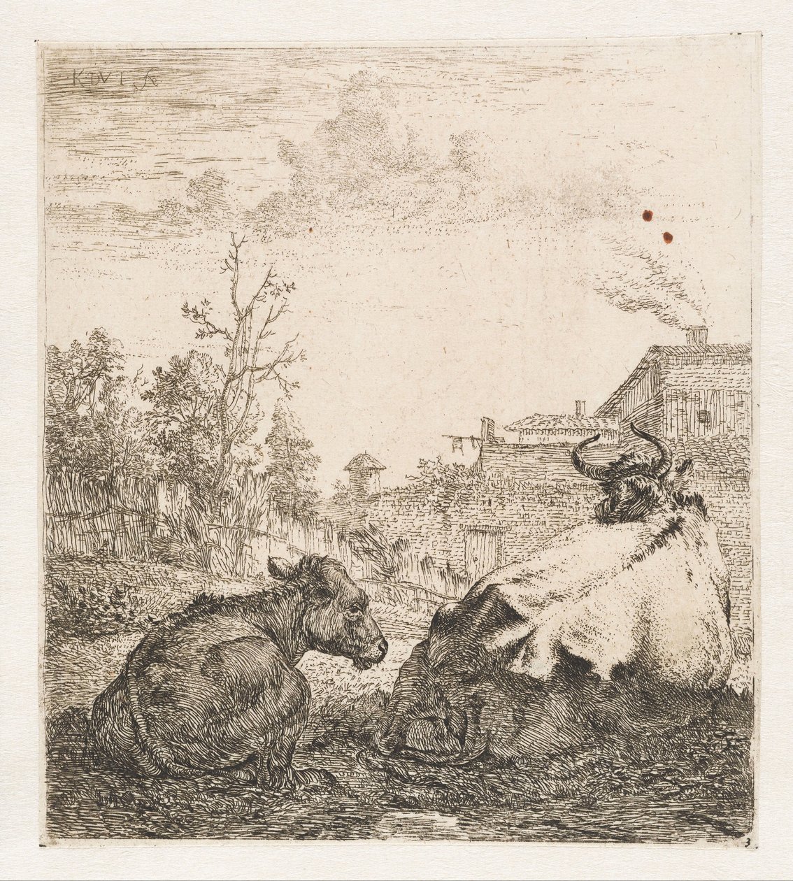 Vache couchée avec veau (Animaux) - Karel du Jardin (signed by artist)