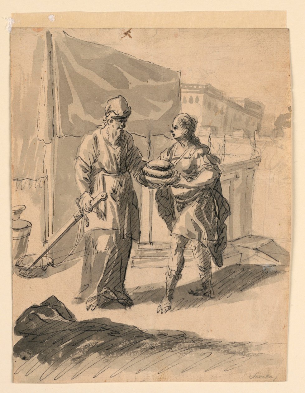 Dessin, personnage présentant des pains à un général, vers 1650 - Karel Škréta
