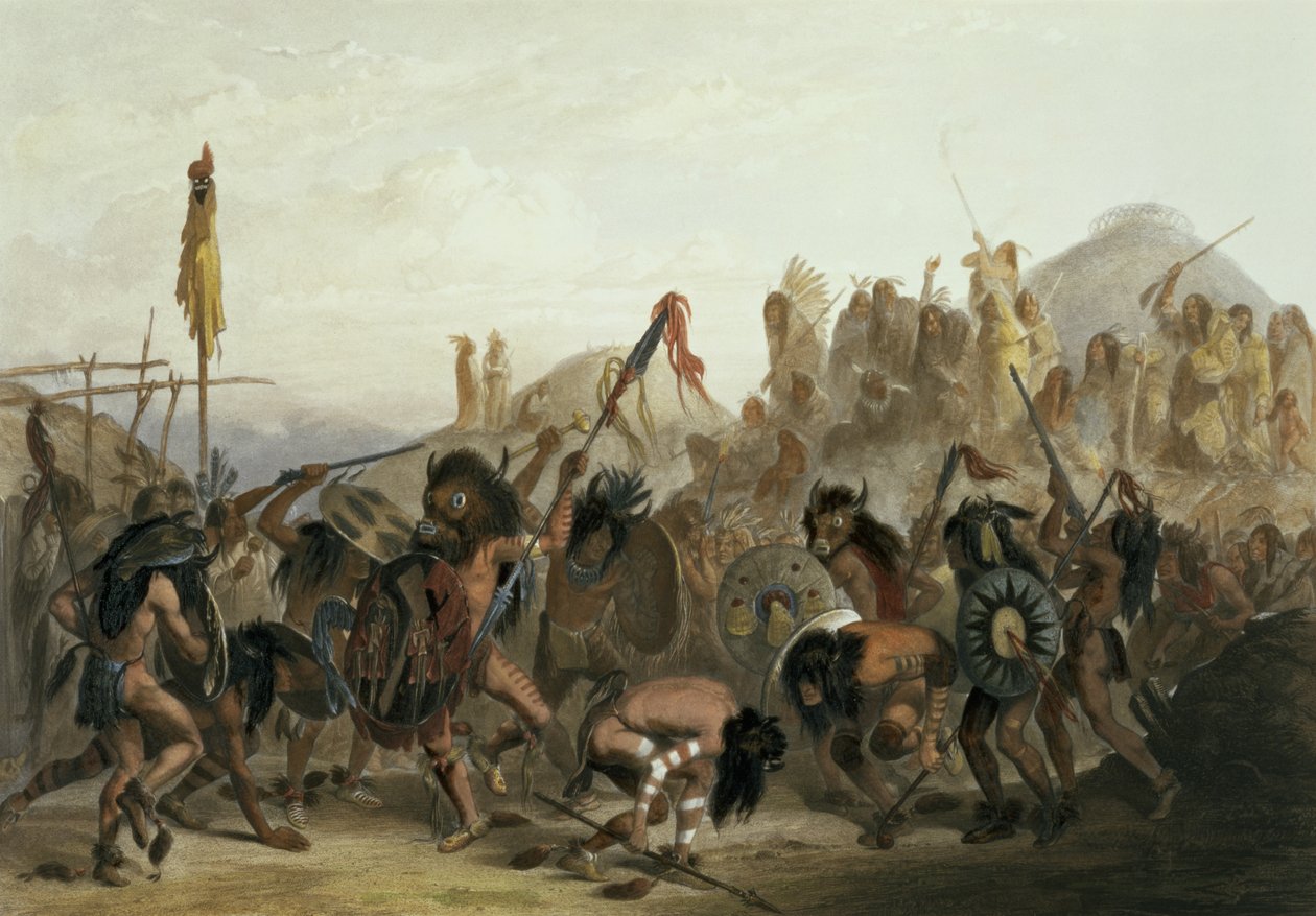 Danse du bison des Indiens Mandan devant leur loge de médecine à Mih-Tutta-Hankush, planche 18 du Volume 2 de 