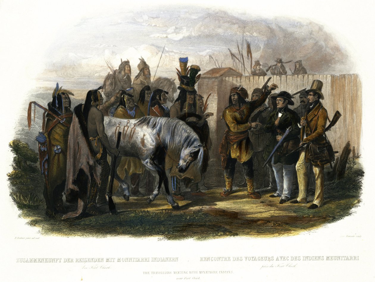 La Rencontre des Voyageurs avec les Indiens Minatarre près de Fort Clark, planche 26 du Volume 1 de 