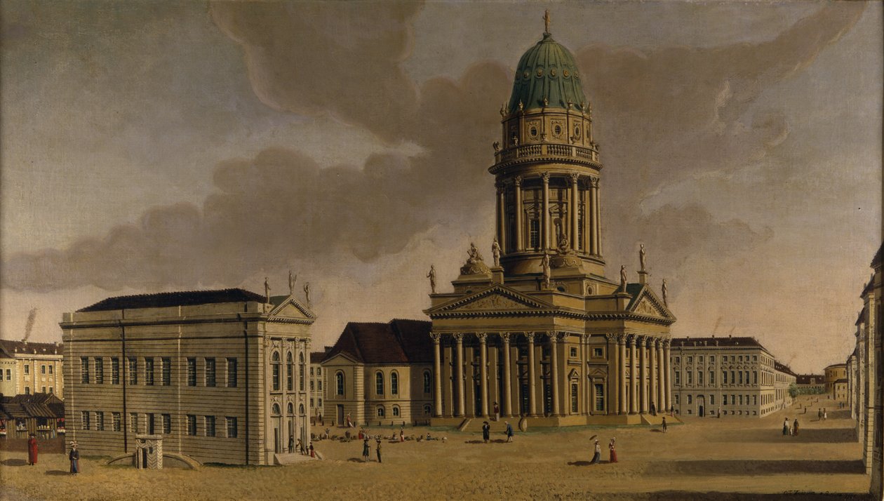 Le Gendarmenmarkt avec le théâtre français et la cathédrale, Berlin, 1788 - Karl Friedrich Fechhelm