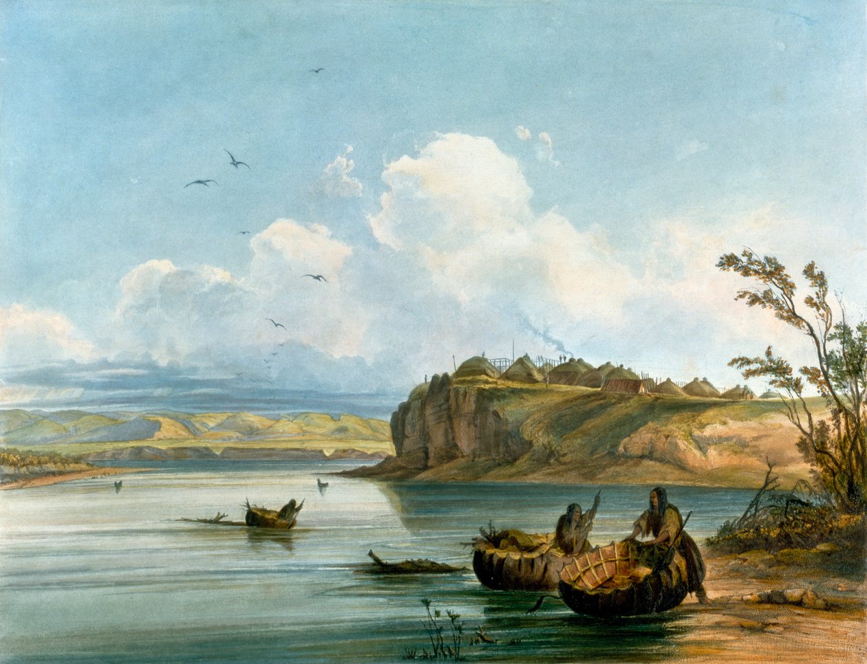 Femmes amérindiennes Mandan traversant le fleuve Missouri sur des bateaux en peau de buffle, Civilisation amérindienne, États-Unis - Karl Bodmer