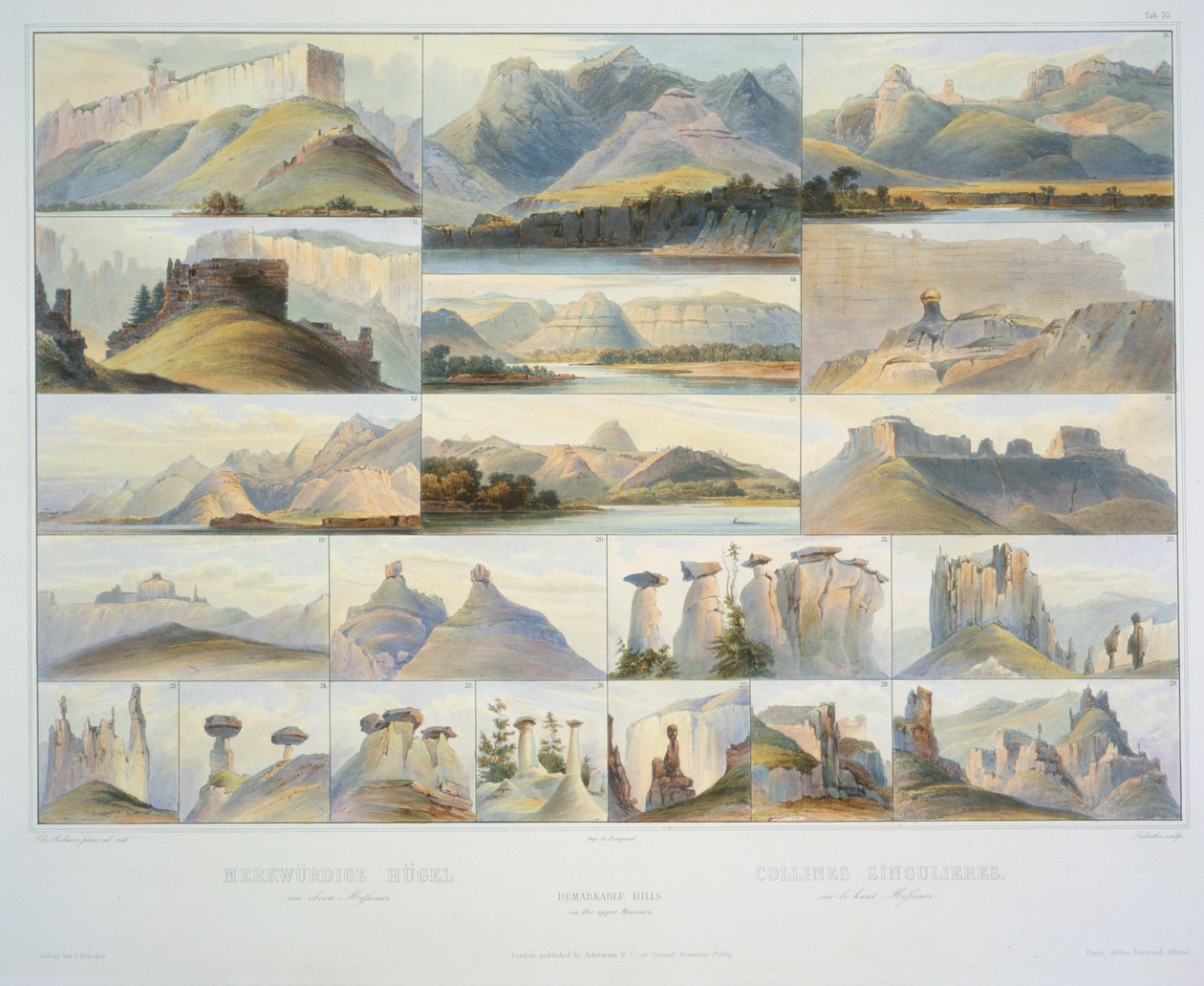 Collines remarquables sur le Haut Missouri, gravé par F. Salathe, publié en 1839 - Karl Bodmer
