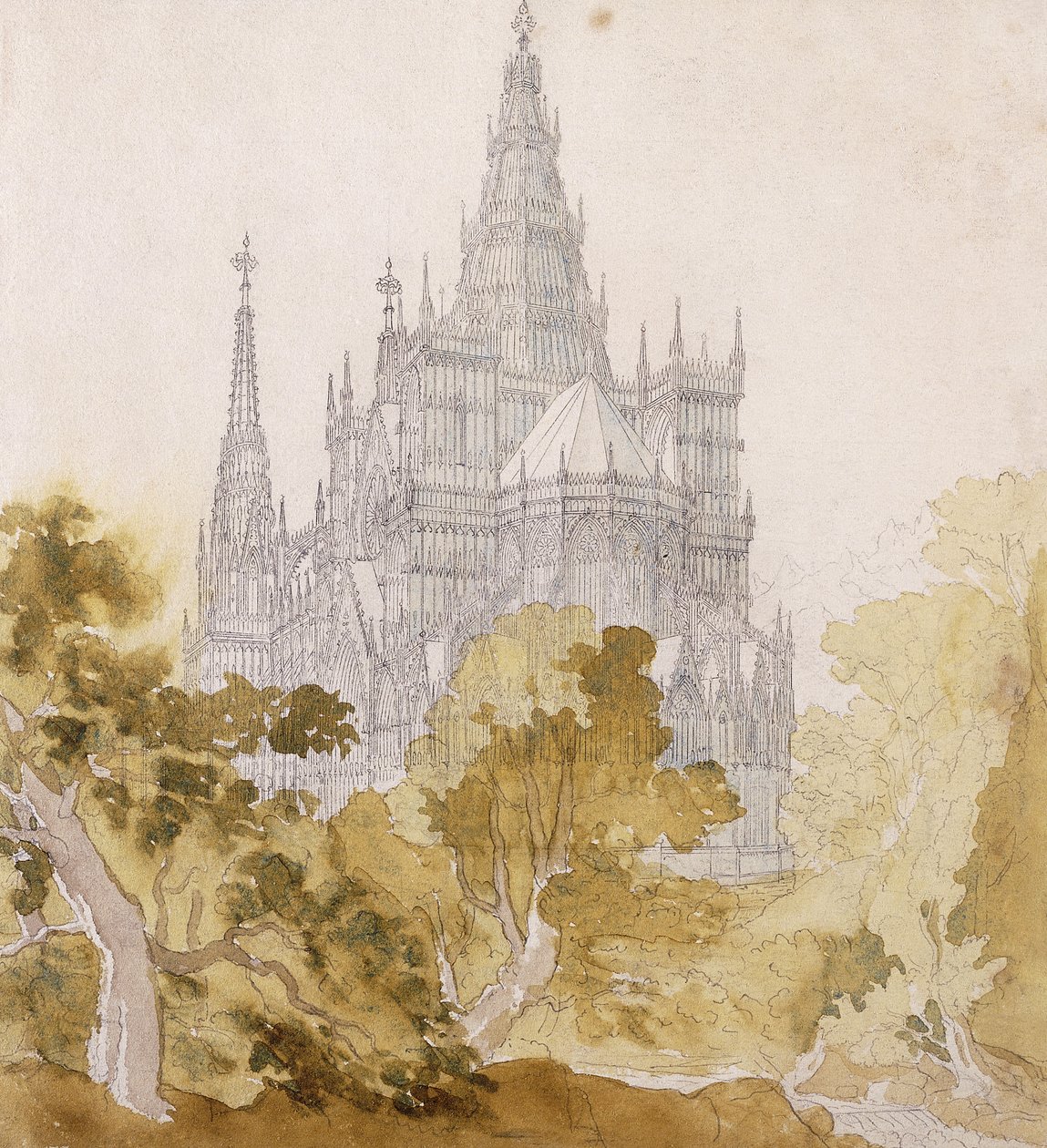 Une cathédrale gothique près des arbres - Karl Friedrich Schinkel