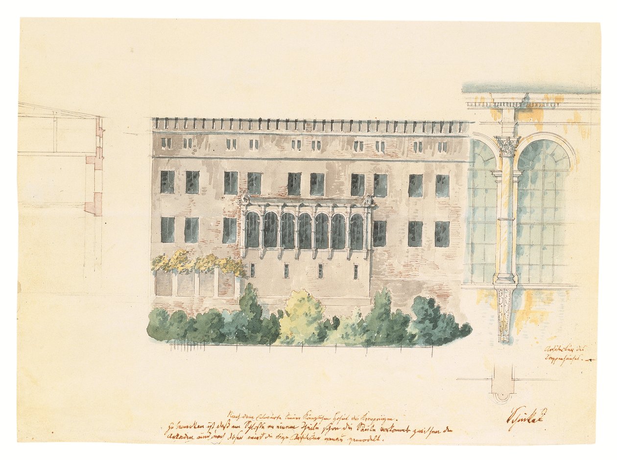 Un design pour un nouvel escalier pour la façade nord du Schloss à Stettin, avec une étude subsidiaire de la loggia, une coupe transversale de la façade et un pilastre engagé - Karl Friedrich Schinkel