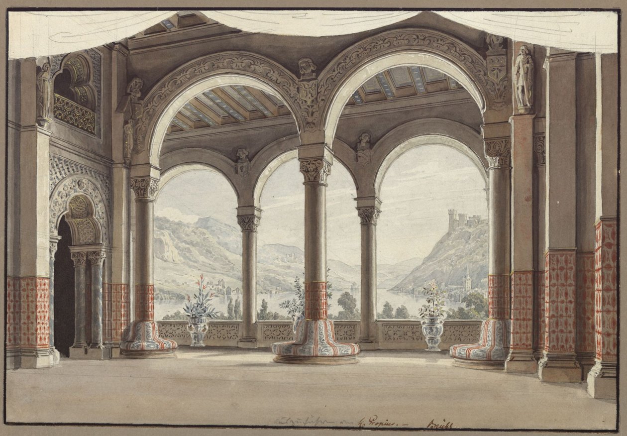 Agnes von Hohenstaufen. Opéra de Gaspare Spontini. Esquisse du deuxième décor. Salle ouverte - Karl Friedrich Schinkel