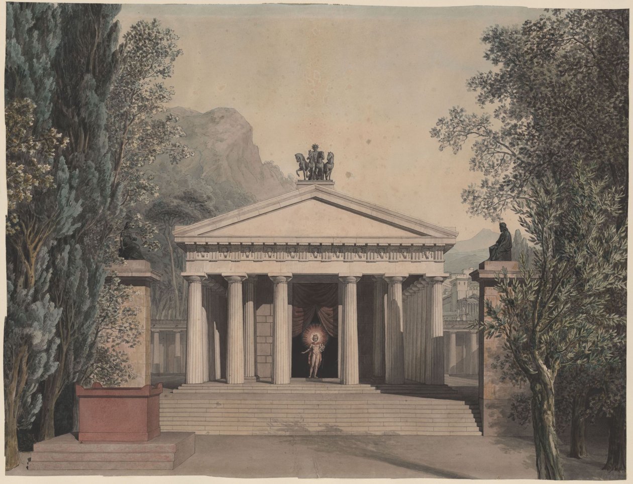 Alceste (?). Opéra de Christoph Willibald Gluck. Projet de décor. Temple dorique dans un paysage méridional - Karl Friedrich Schinkel