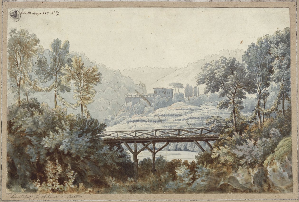 Aline, reine de Golkonda. Opéra de Henri-Montan Berton. Projet pour le 2e décor. Paysage avec rivière et pont - Karl Friedrich Schinkel
