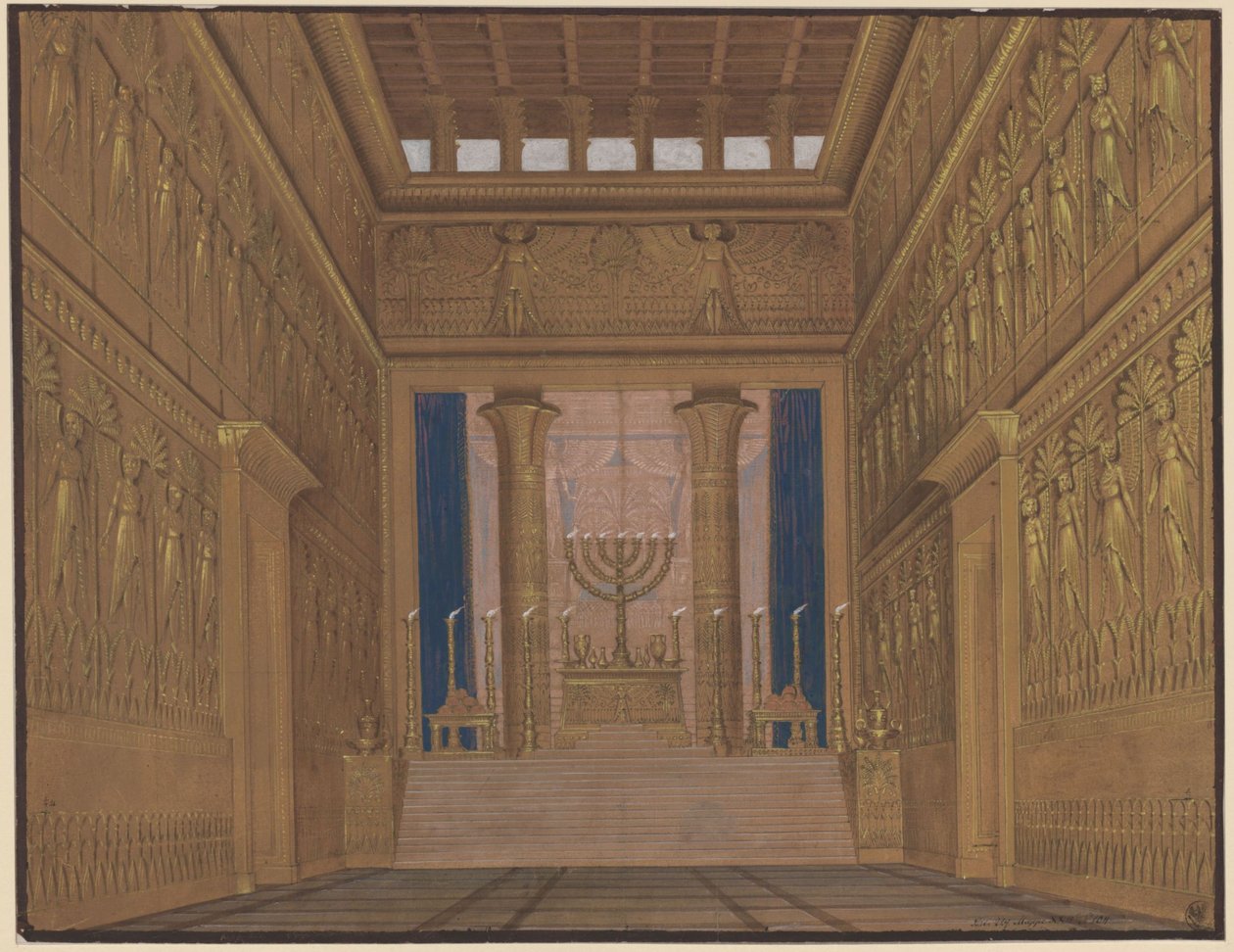 Athalia. Opéra de Johann Nepomuk von Poissl. Projet pour le 2e décor. Vue intérieure du Temple de Jérusalem - Karl Friedrich Schinkel