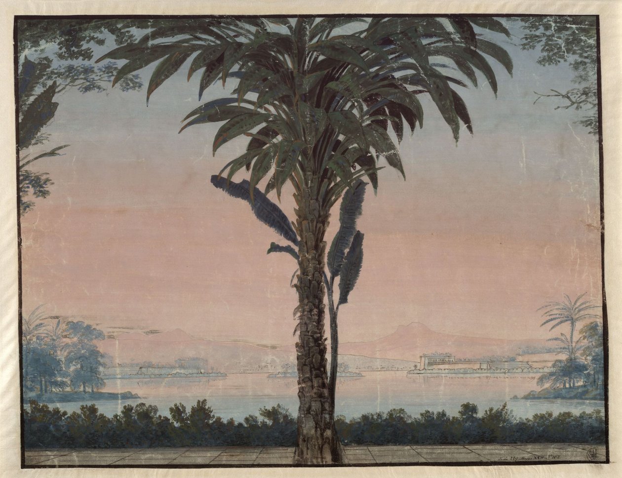 Athalia. Opéra de Johann Nepomuk von Poissl. Esquisse du 4e décor. Jardin du grand prêtre avec un grand palmier devant un plan d