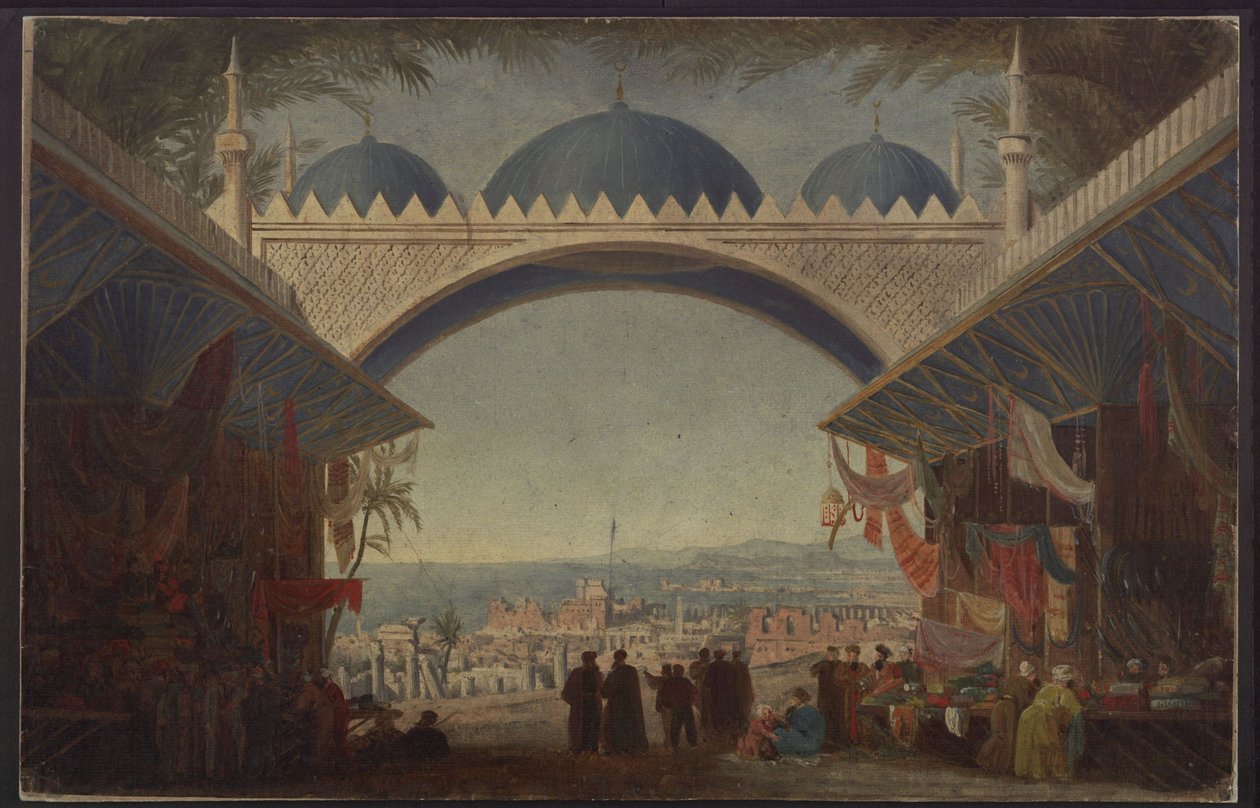 Aucassin et Nicolette. Opéra de Georg Abraham Schneider. Esquisse du 5e décor. Bazar à Tunis - Karl Friedrich Schinkel