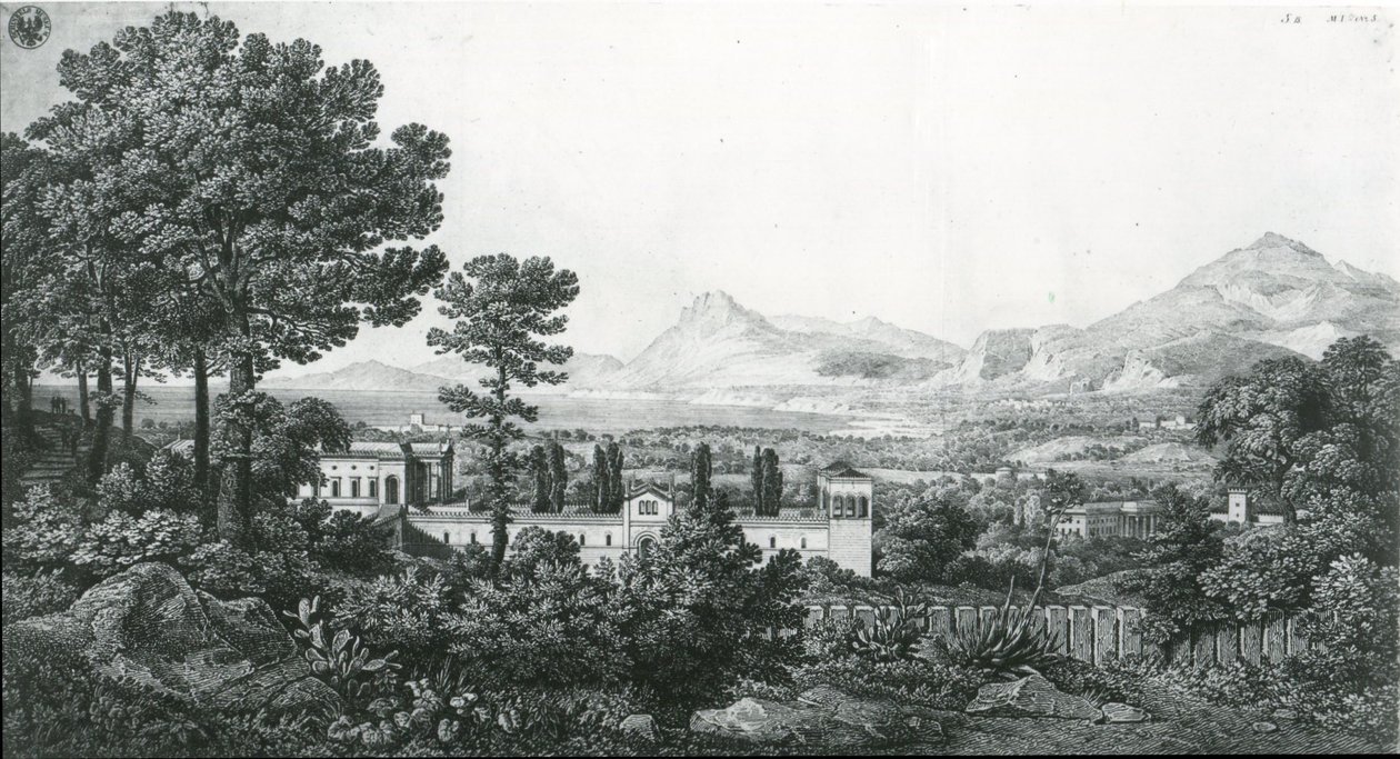 « Vue depuis le palais du prince Valguarnera sur une partie de la Bagaria, près de Palerme, et sur le golfe de Cefalù » - Karl Friedrich Schinkel