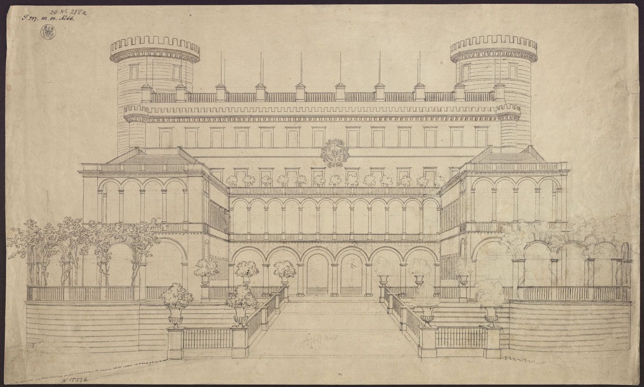 Bad Muskau. Château. Première proposition de rénovation. Élevé de la façade sud - Karl Friedrich Schinkel