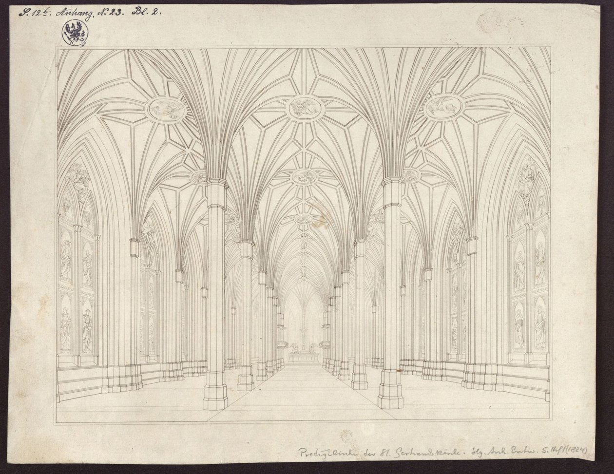 Berlin, Spittelmarkt. Projet pour l’église Sainte-Gertrude. Vue intérieure, regard à travers la nef vers le chœur - Karl Friedrich Schinkel