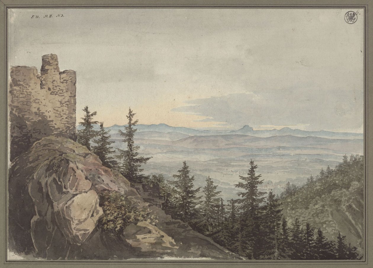 Vue depuis les ruines de Geiersburg sur la plaine de Teplitz avec le monastère de Maria Schein, les monts de Bohême à l
