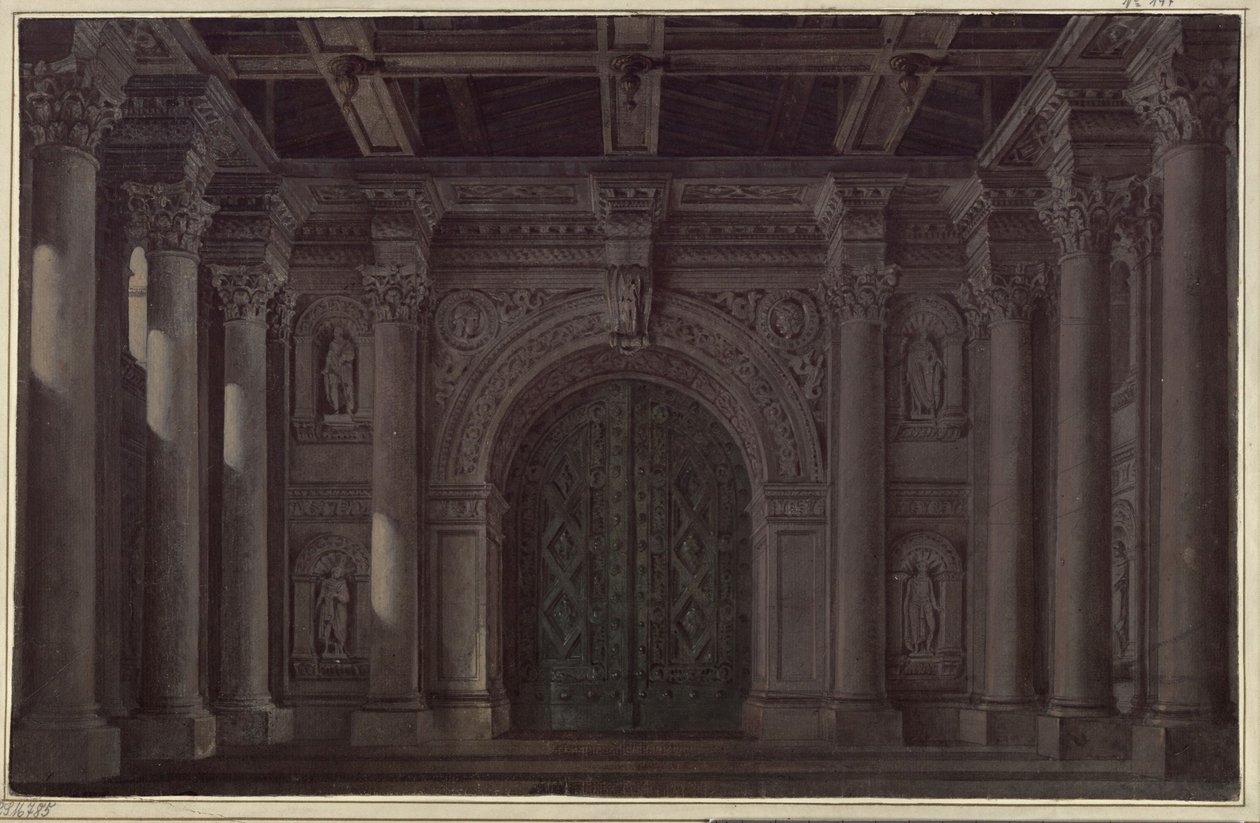 La Fiancée de Messine. Tragédie de Friedrich Schiller. Projet pour le 1er et le dernier décor. Salle avec colonnes et portail - Karl Friedrich Schinkel