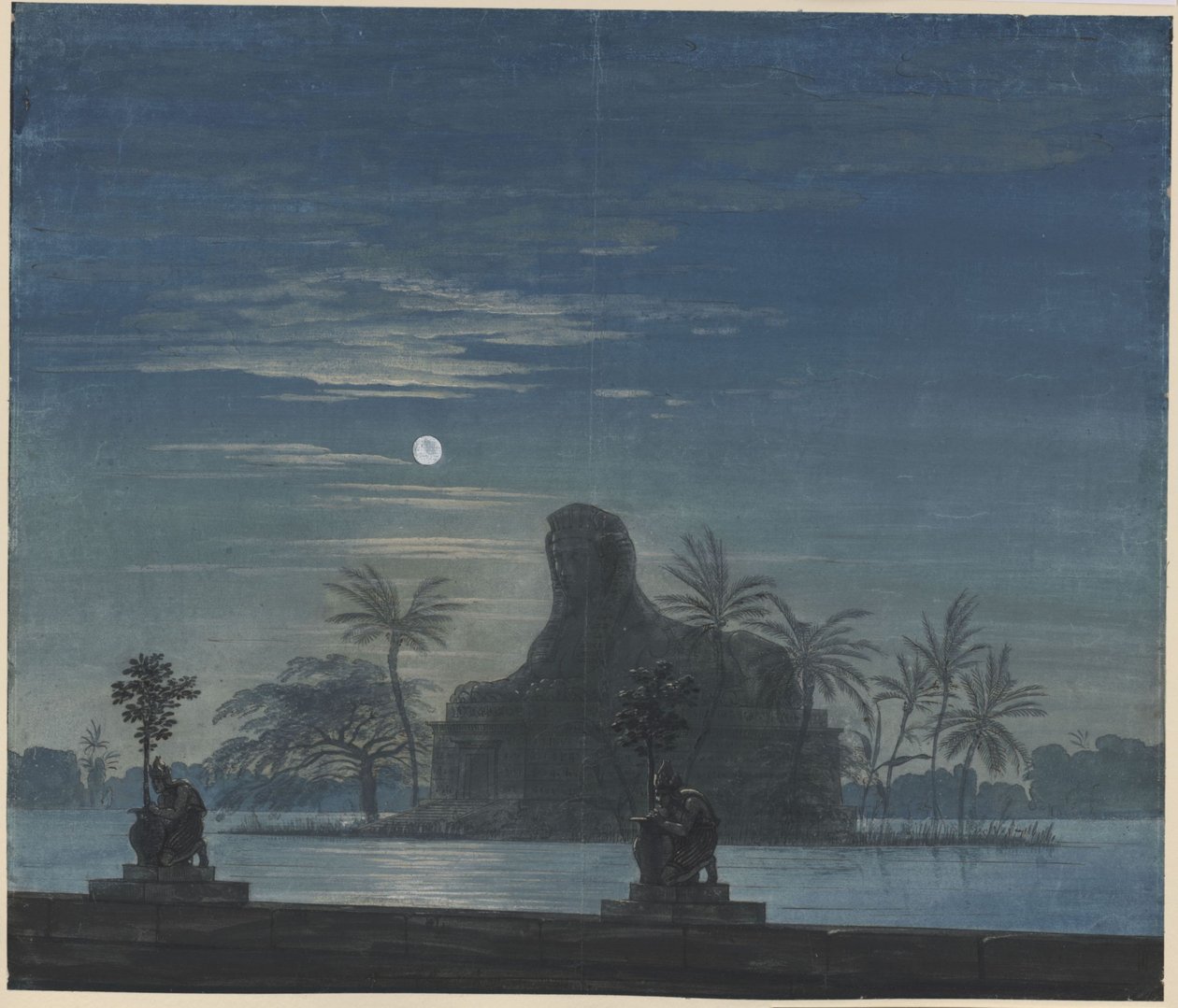 La Flûte enchantée. Opéra de Wolfgang Amadeus Mozart. Esquisse du 7e décor. Le jardin de Sarastro avec le sphinx au clair de lune - Karl Friedrich Schinkel