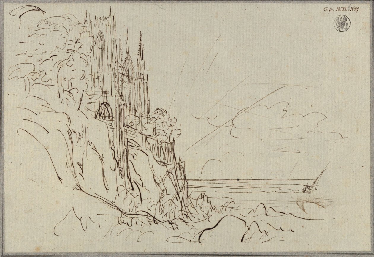 Une église gothique sur une côte maritime escarpée devant le soleil levant - Karl Friedrich Schinkel
