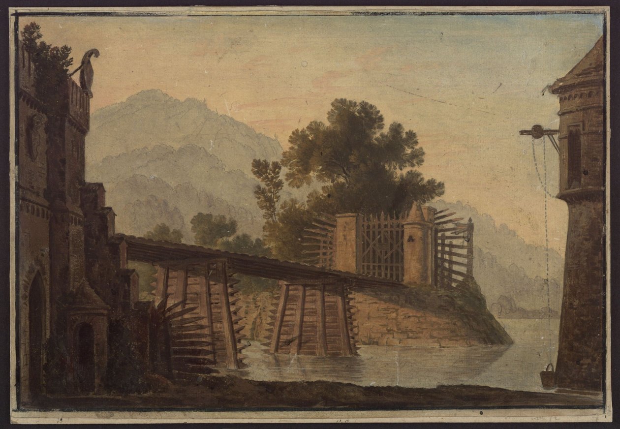 Faniska. Opéra de Luigi Cherubini. Esquisse du 3e décor. Pont enjambant un lac - Karl Friedrich Schinkel