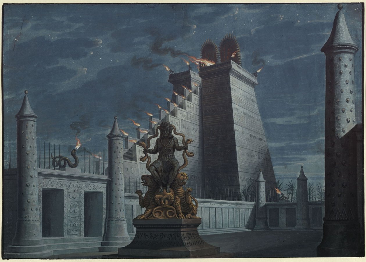Fernand Cortez, ou : La Conquête du Mexique. Opéra de Gaspare Spontini. Esquisse du premier décor. Temple indien du feu - Karl Friedrich Schinkel