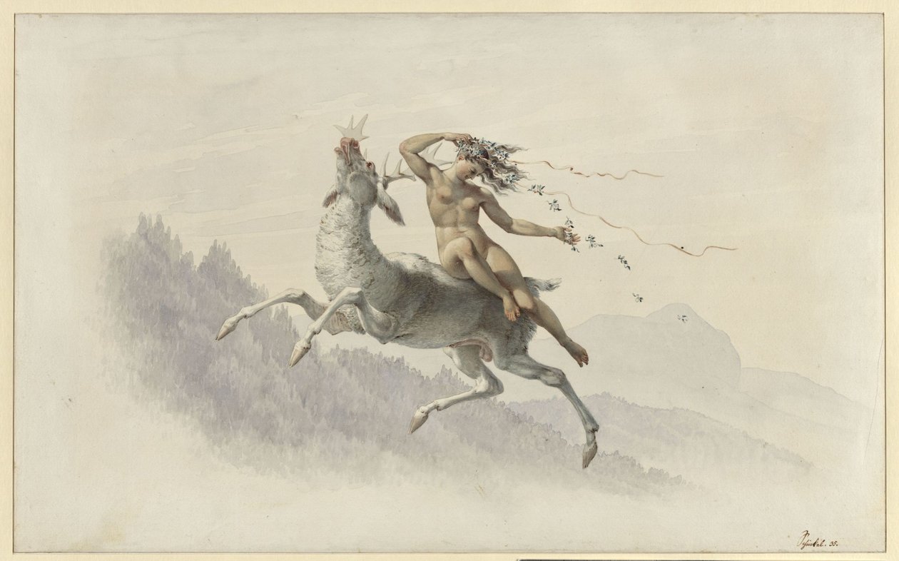Une femme chevauchant un cerf qui plane dans les airs - Karl Friedrich Schinkel