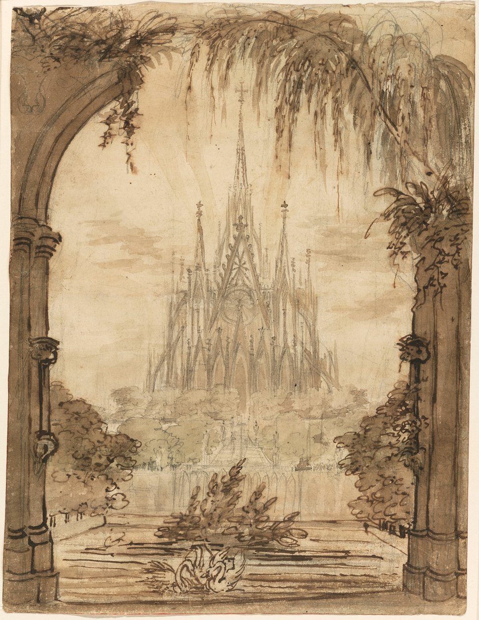 Cathédrale gothique derrière un étang avec des cygnes - Karl Friedrich Schinkel