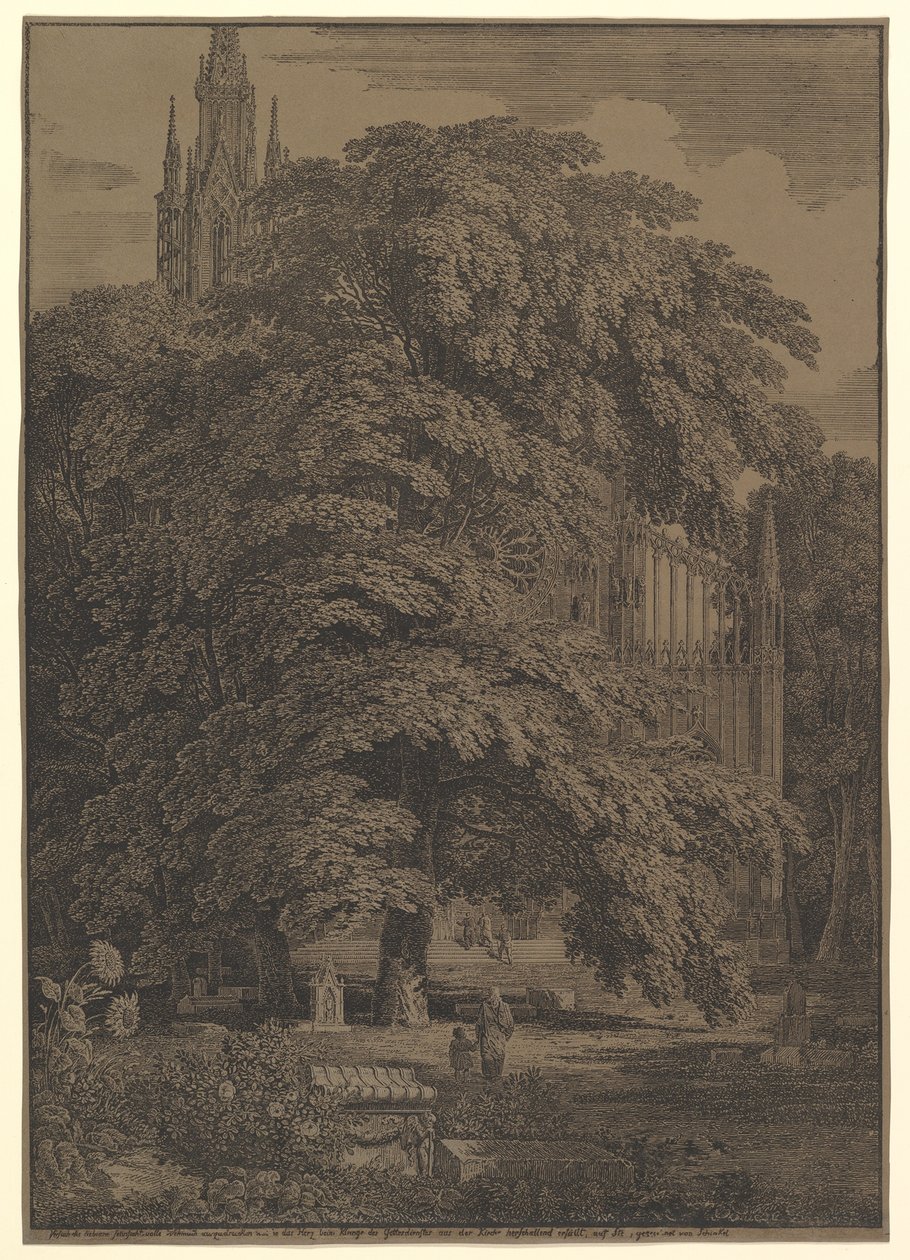 Une église gothique dissimulée derrière un arbre - Karl Friedrich Schinkel