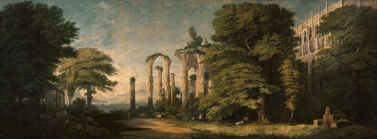Ruine de monastère gothique et groupes d