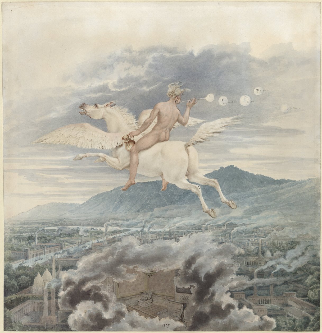 Karl Friedrich Schinkel - Figure féminine soufflant des bulles, allégorie de Christian Peter Wilhelm Beuth chevauchant Pégase au-dessus d