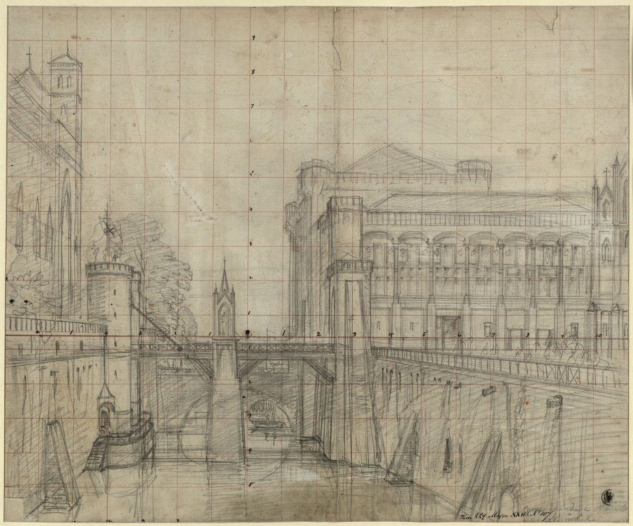 Malbork près de Gdańsk. Le château de Malbork. Vue des douves et de la façade sur cour du palais du Grand Maître - Karl Friedrich Schinkel