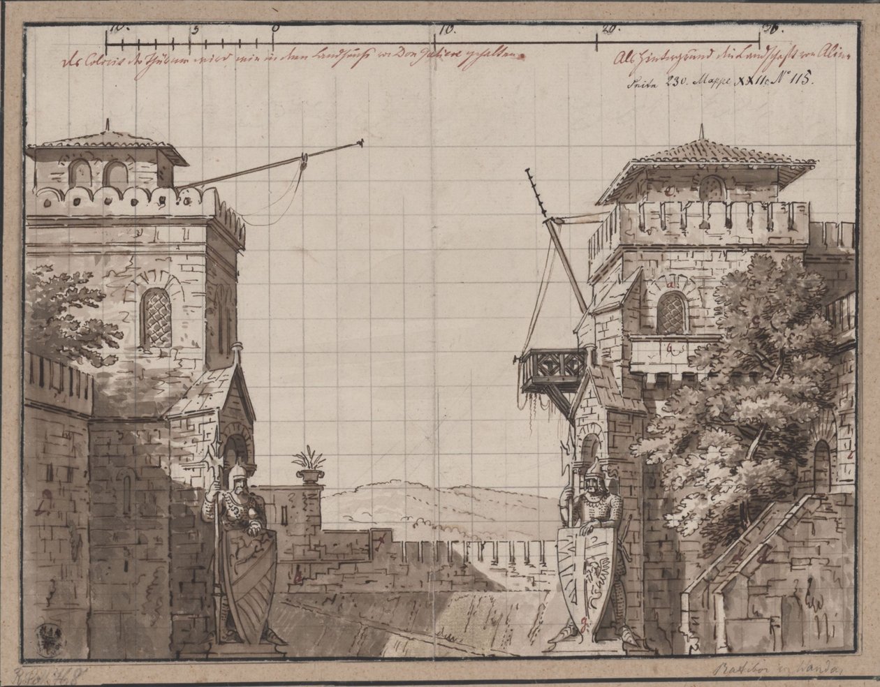 Ratibor et Wanda. Pièce de théâtre de Jakob Andreas Konrad Levezow. Esquisse du 3e décor. Fort avec vue sur les montagnes - Karl Friedrich Schinkel