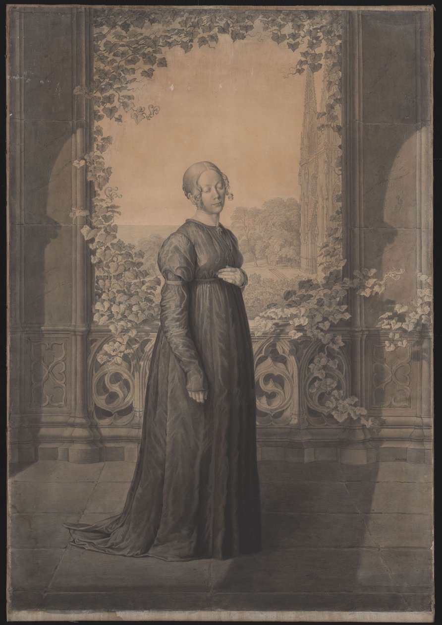 Susanne Schinkel dans une robe allemande ancienne devant une architecture gothique, avec à l