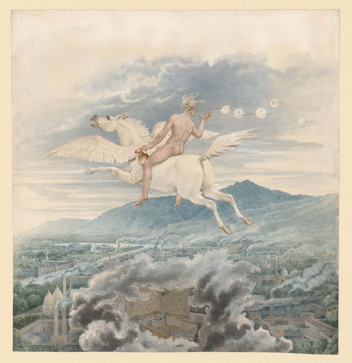Figure féminine (souffleuse de bulles de savon) en allégorie de Christian Peter Wilhelm Beuth, chevauchant Pégase au-dessus d