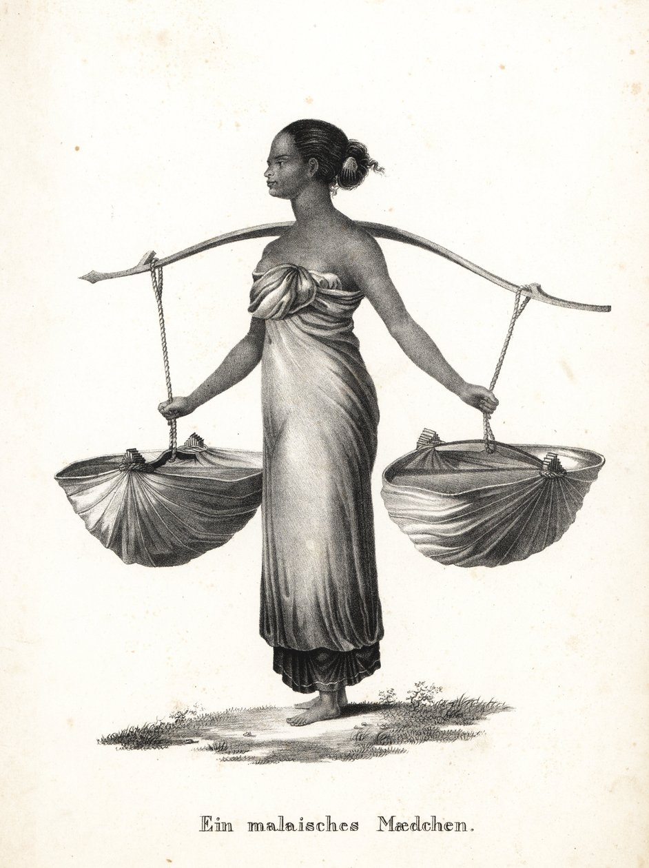 Fille malaise avec cheveux attachés portant des baskets sur un joug. Lithographie de Karl Joseph Brodtmann de l