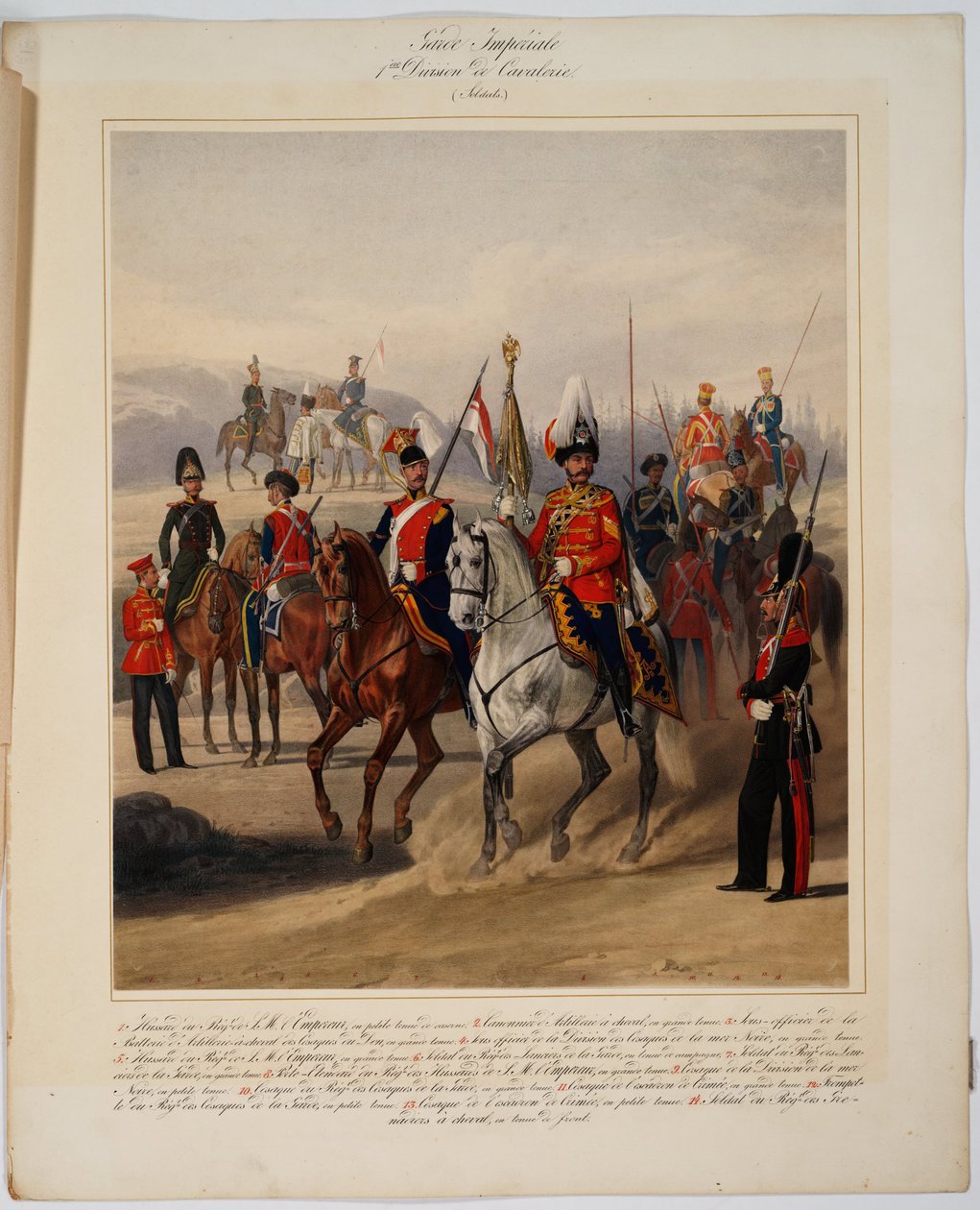 Garde impériale : 1ère division de cavalerie - Soldats de la 1ère division de cavalerie de la Garde impériale russe - Piratsky, Karl Karlovich (1813-1889) - 1867 - Lithographie en couleur - Collection privée - Karl Karlovich Piratsky