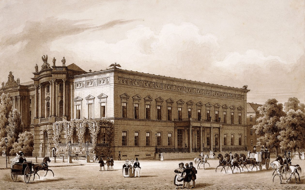 Unter den Linden, Berlin. Le palais du prince Wilhelm, construit par Karl Langhans en 1834-36, et la Bibliothèque royale, construite par Georg Christian Unger 1775-78 selon les plans de Josef Emanuel Fischer von Erlach, surplombant la Platz am Opernhaus - Karl Loeillot Hartwig
