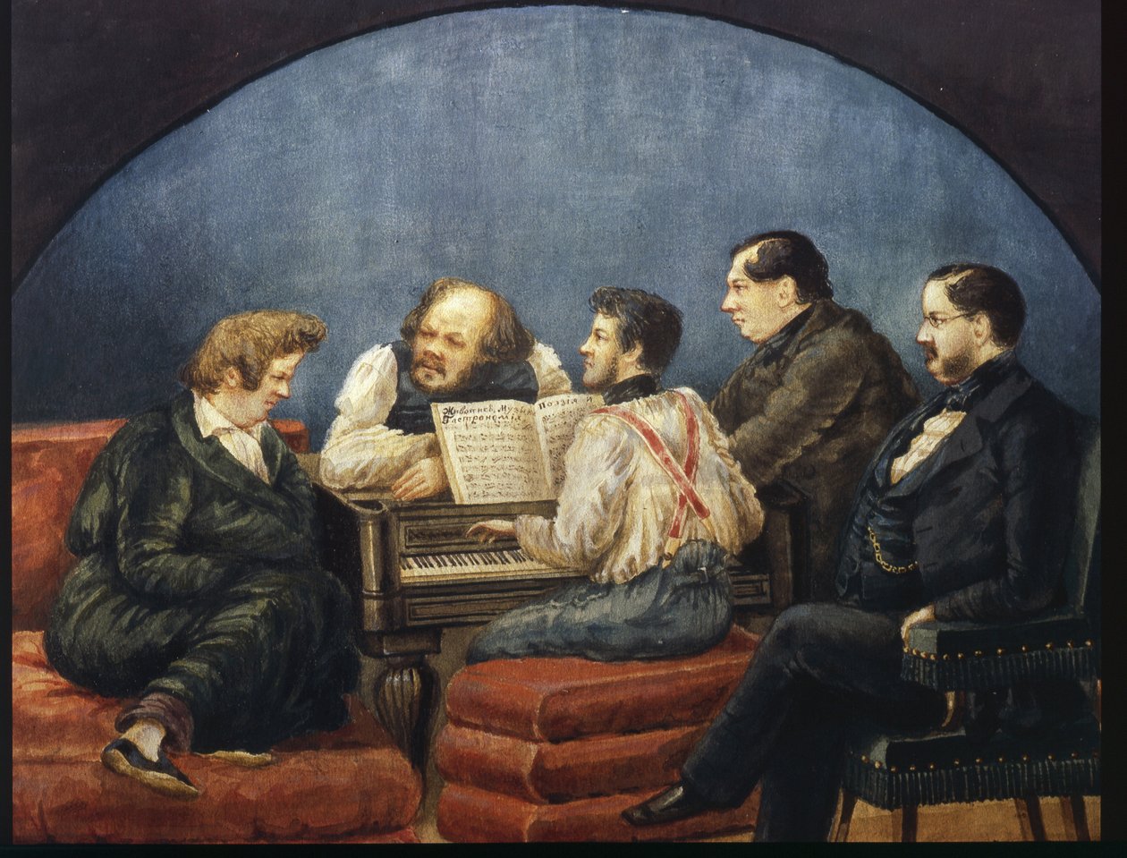 Le compositeur Michail I Glinka et ses amis (portrait de groupe de K Briullov, M Glinka, Y Yanenko, N Kukolnik) - Karl Pavlovich Bryullov