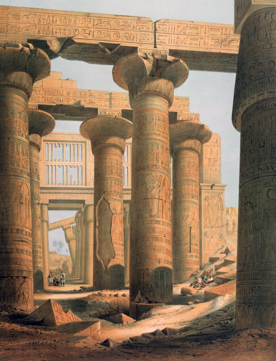 Vue intérieure de la salle de Karnak". Lithographie d