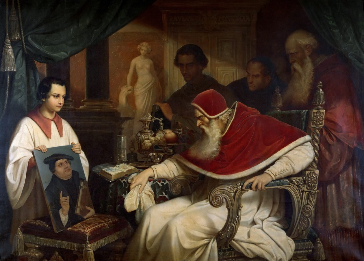 Le pape Paul III 1468-1549 regardant le portrait de Luther par Cranach - Karl Schorn