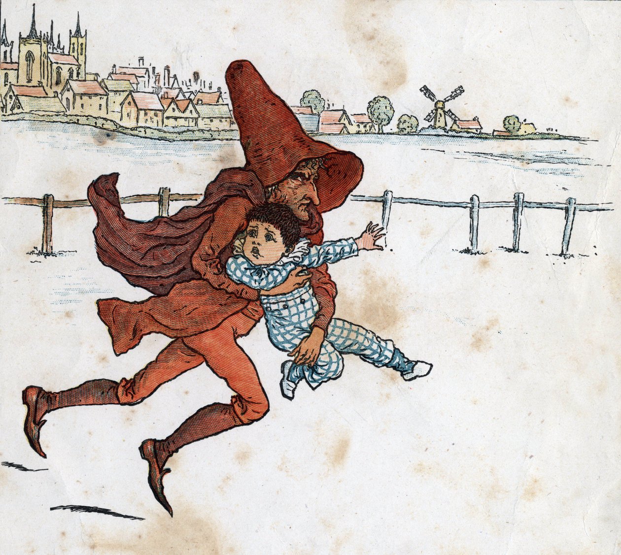 Un lutin emporte un petit enfant. Illustration de Kate Greenaway (1846-1901) du livre pour enfants "Under The Window" (1879), édité par Edmund Evans - Kate Greenaway